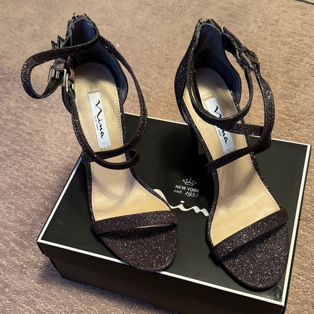 Nina Women's Glittery Black Strappy Heels